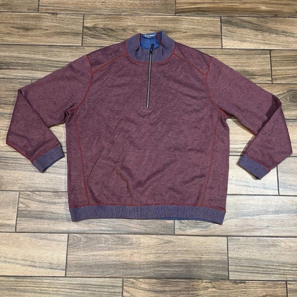 Tommy Bahama Reversible Quarter Zip Sweater Men Large Blue Burgundy Pullover